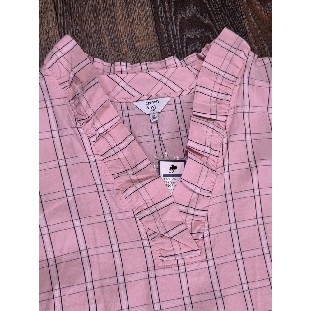 Crown & Ivy Curvy Womens 3X Pink Plaid Ruffle V-Neck 3/4 Sleeve Cotton Blouse - Picture 2 of 6